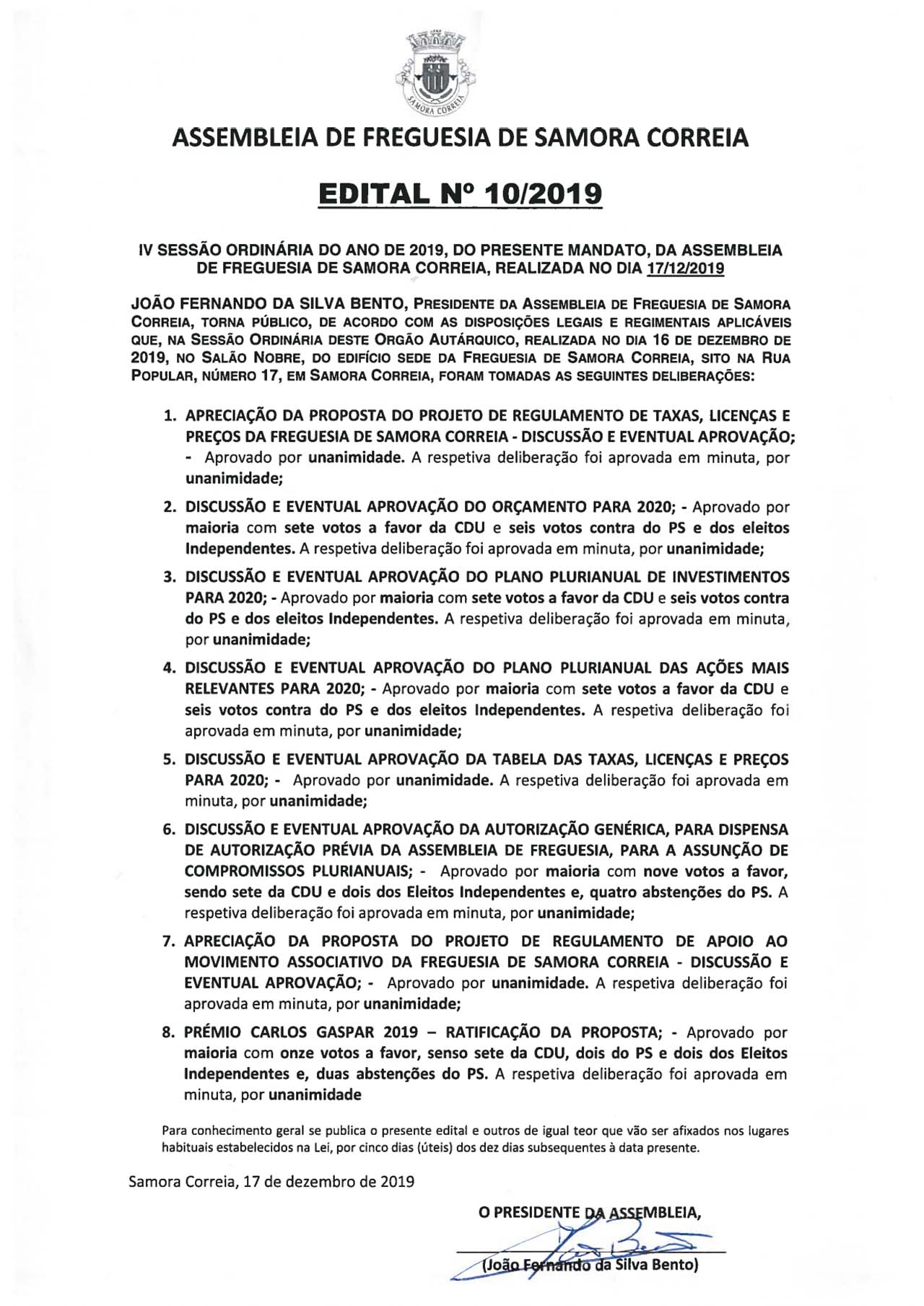 Imagem Assembleia de Freguesia de Samora Correia - Edital 10/2019