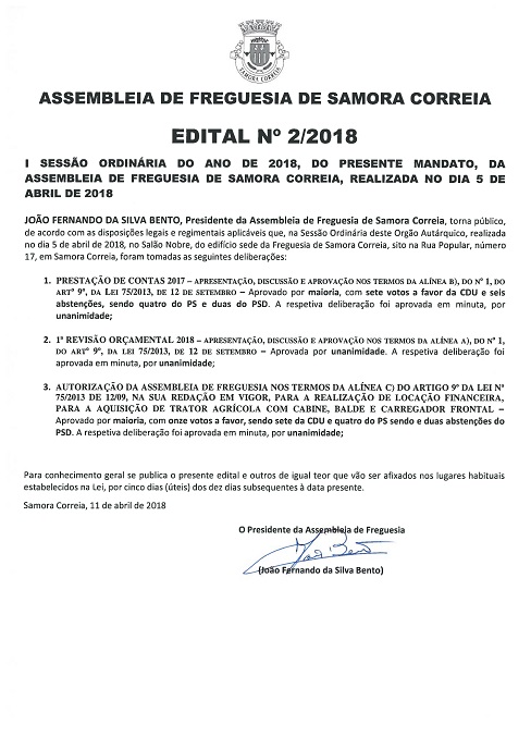 Imagem Assembleia de Freguesia de Samora Correia - Edital 2/2018