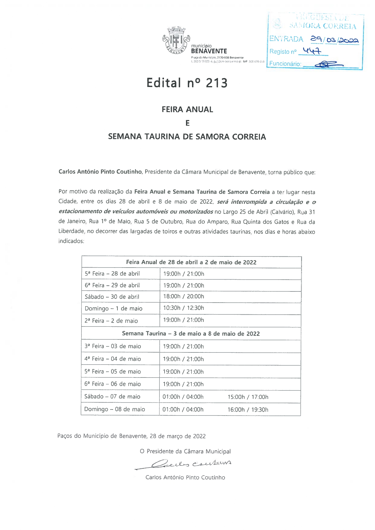 Imagem Edital Nº 213 - Câmara Municipal de Benavente