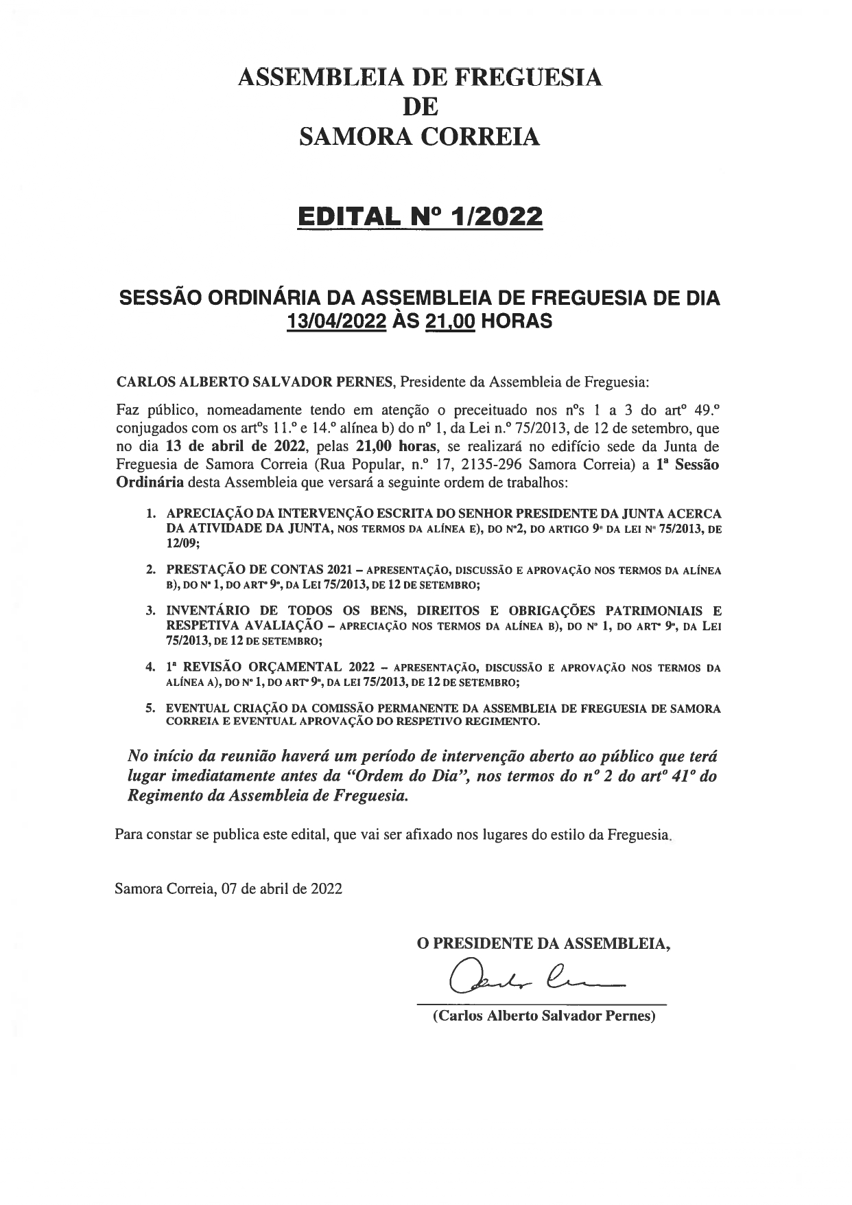 Imagem Edital Nº 01/2022 - Assembleia De Freguesia