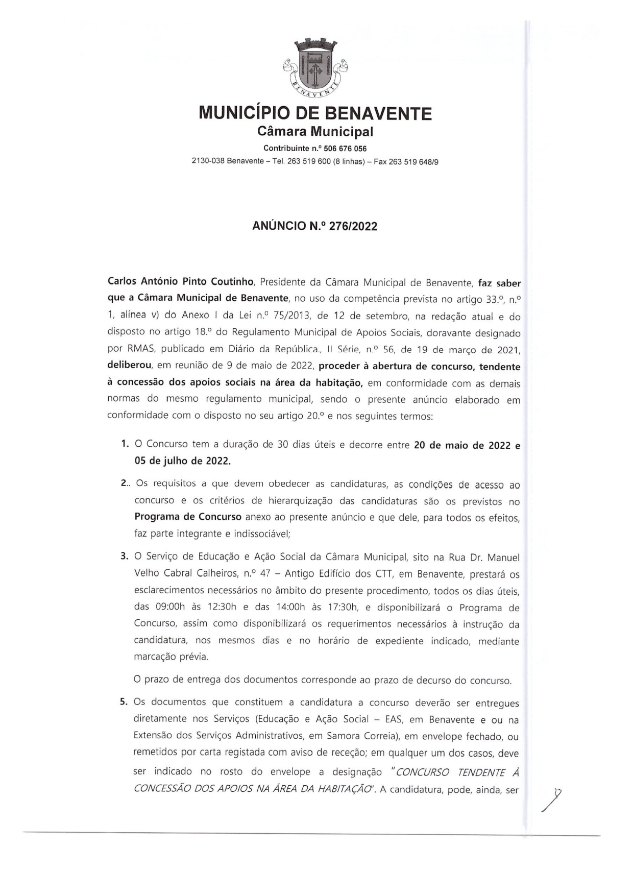 Imagem Câmara Municipal de Benavente - Abertura de Concurso