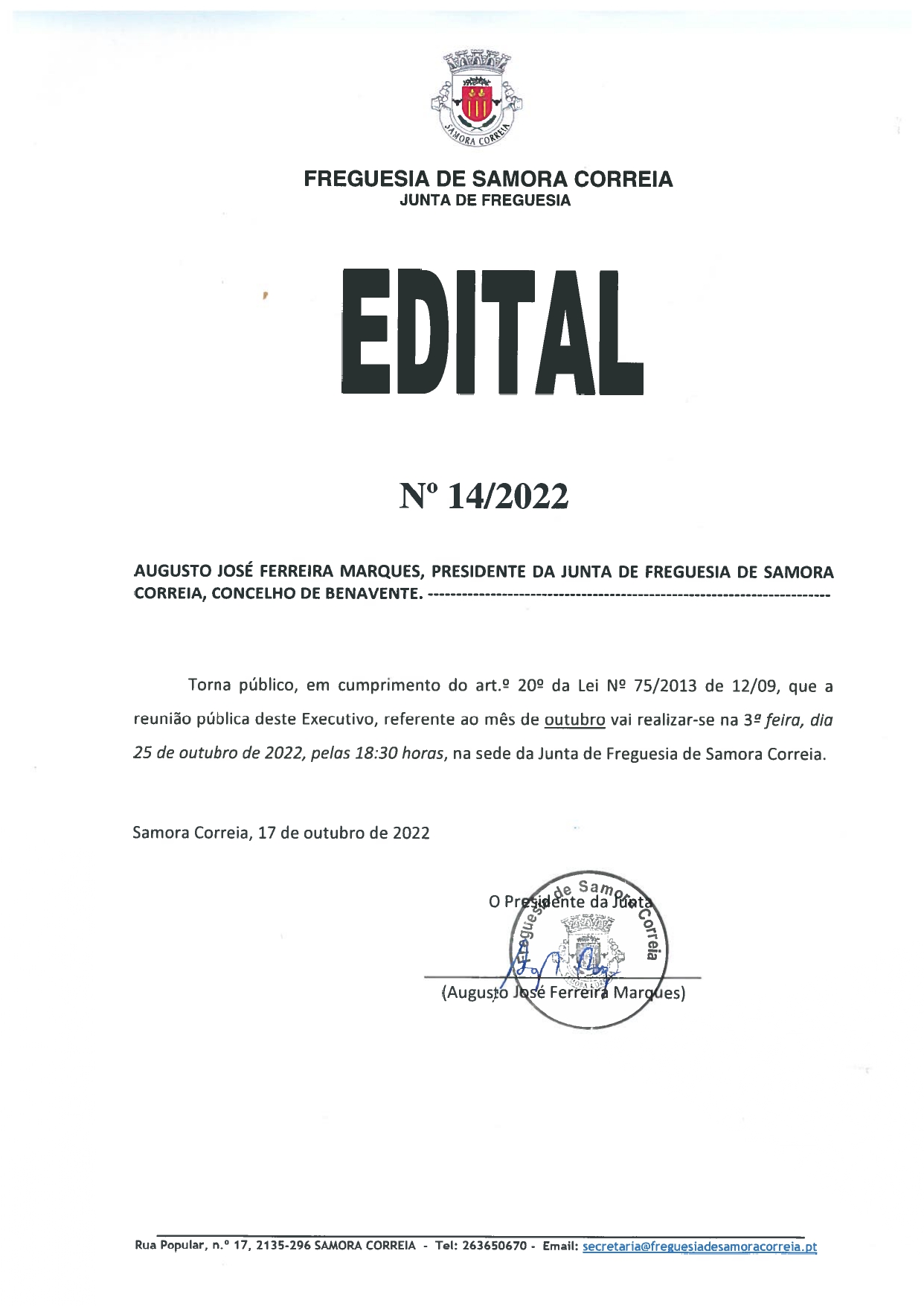 Imagem Edital Nº 14/2022 - Reunião Pública do Executivo