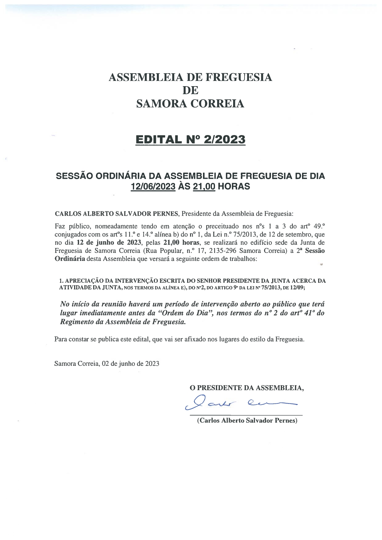 Imagem Edital Nº 02/2023 - Assembleia De Freguesia