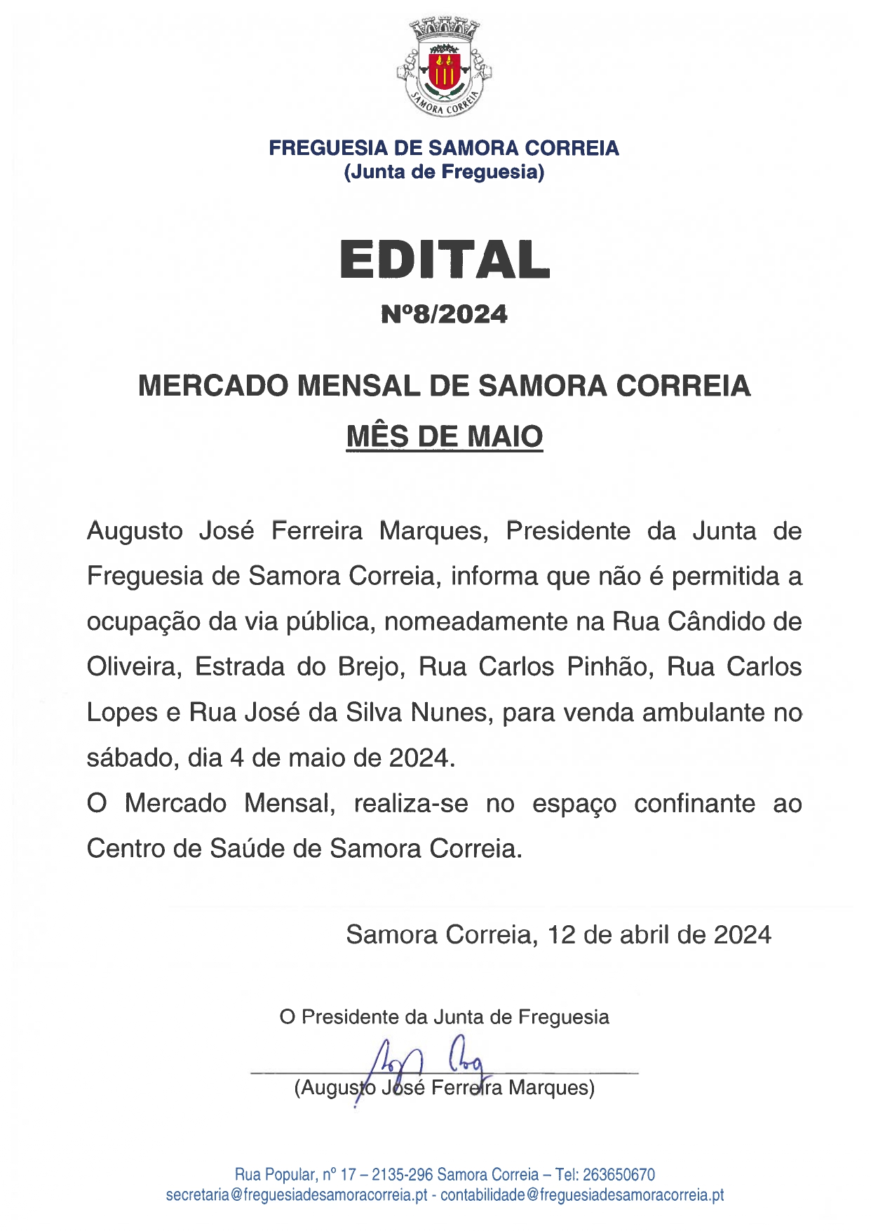 Imagem Edital Nº 08/2024 - Mercado Mensal de Samora Correia Mês de Maio