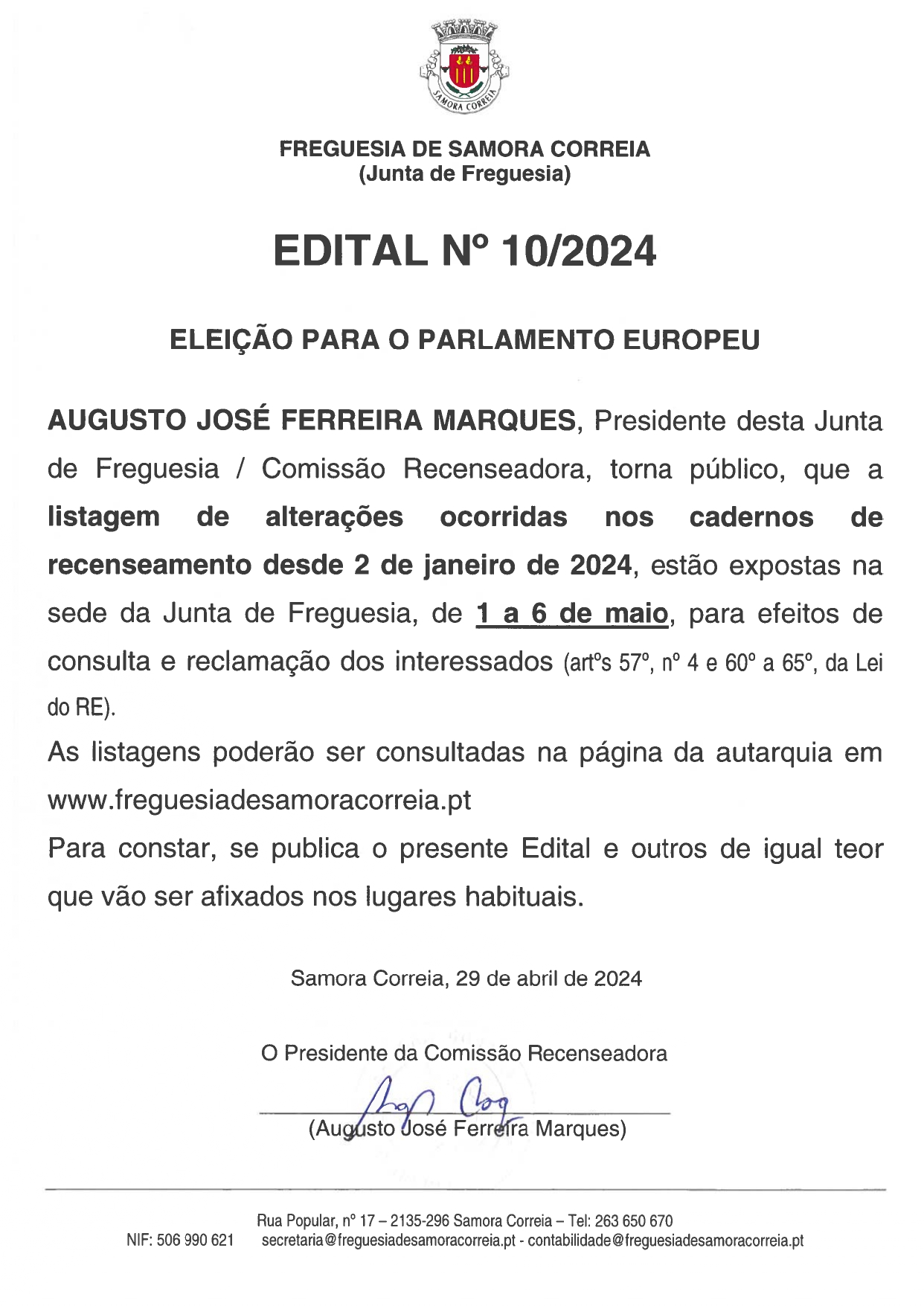 Imagem Edital Nº 10/2024 - Eleição Para o Parlamento Europeu