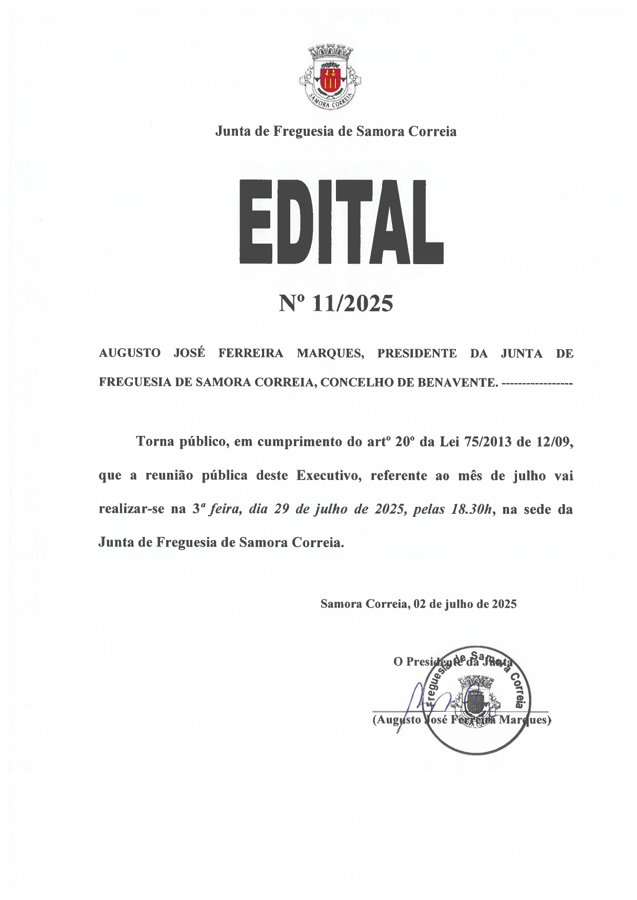 Imagem Edital Nº 11/2025 - Reunião Pública do Executivo