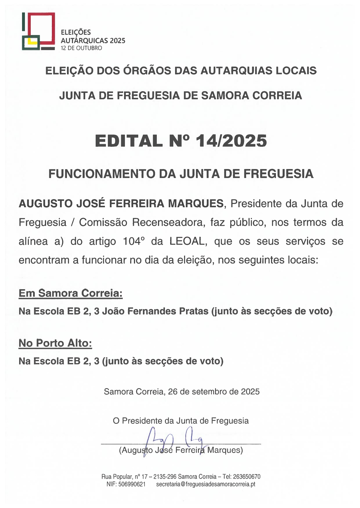 Notícia Edital Nº 14/2025 - Funcionamento da Junta de Freguesia