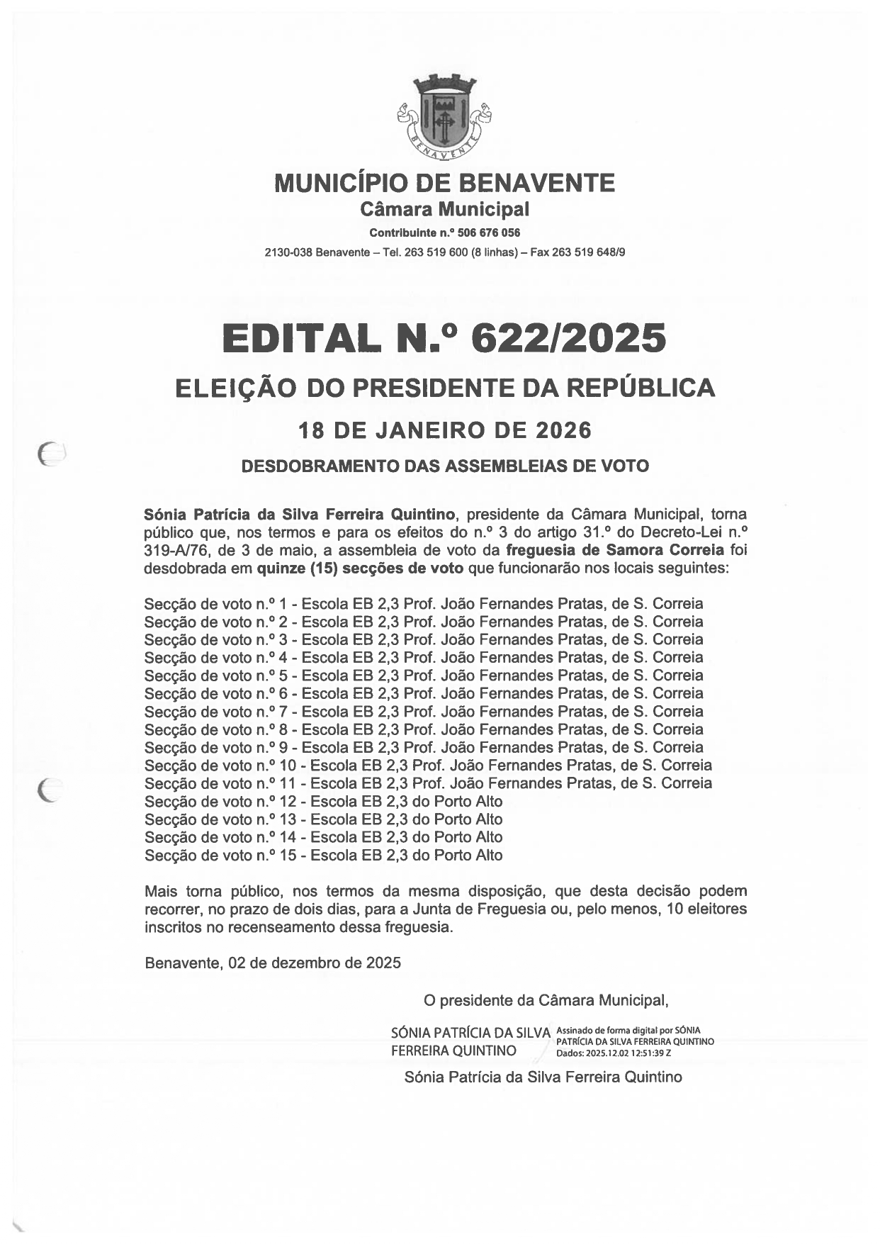 Imagem Edital Nº 622/2025 - CMB - Eleição do Presidente da República - Desdobramento das Assembleias de Voto