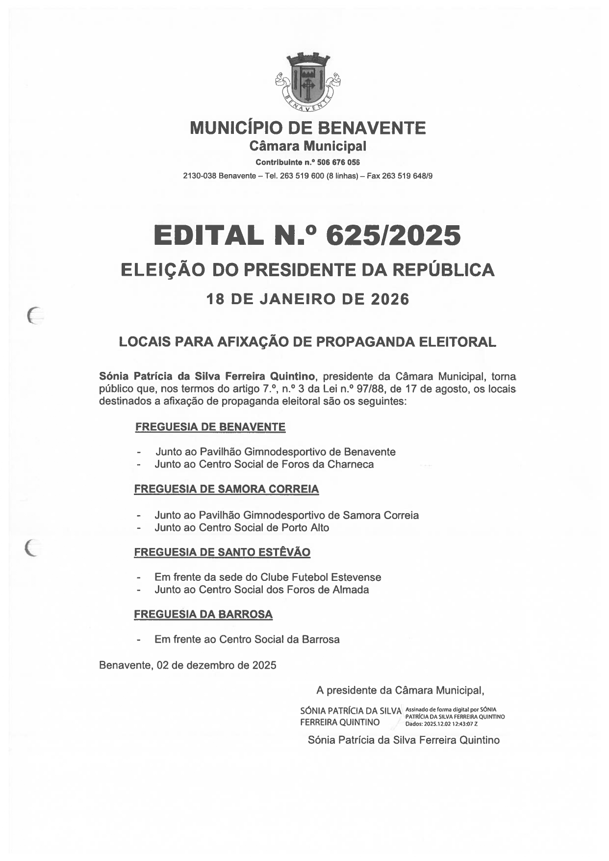 Imagem Edital Nº 625/2025 - CMB - Eleição do Presidente da República - Locais Para Afixação de Propaganda Eleitoral