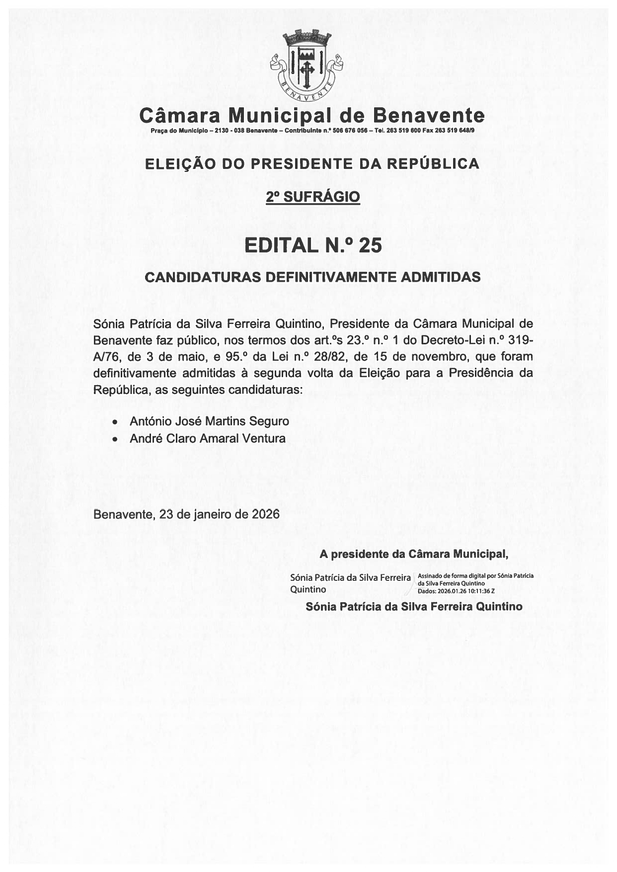 Notícia Edital Nº 25/2026 - Câmara Municipal de Benavente