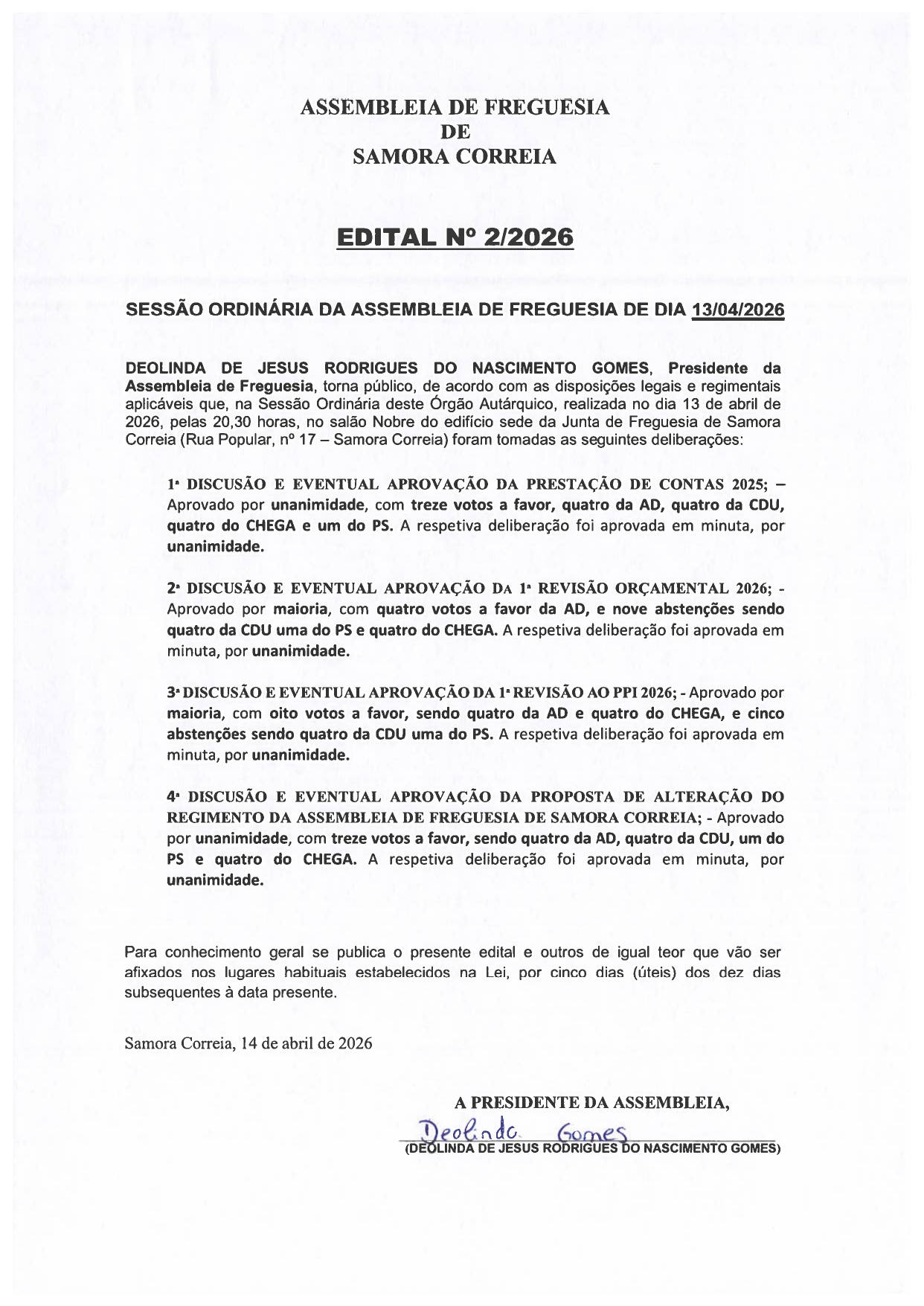Notícia Edital 02/2026 - Assembleia de Freguesia