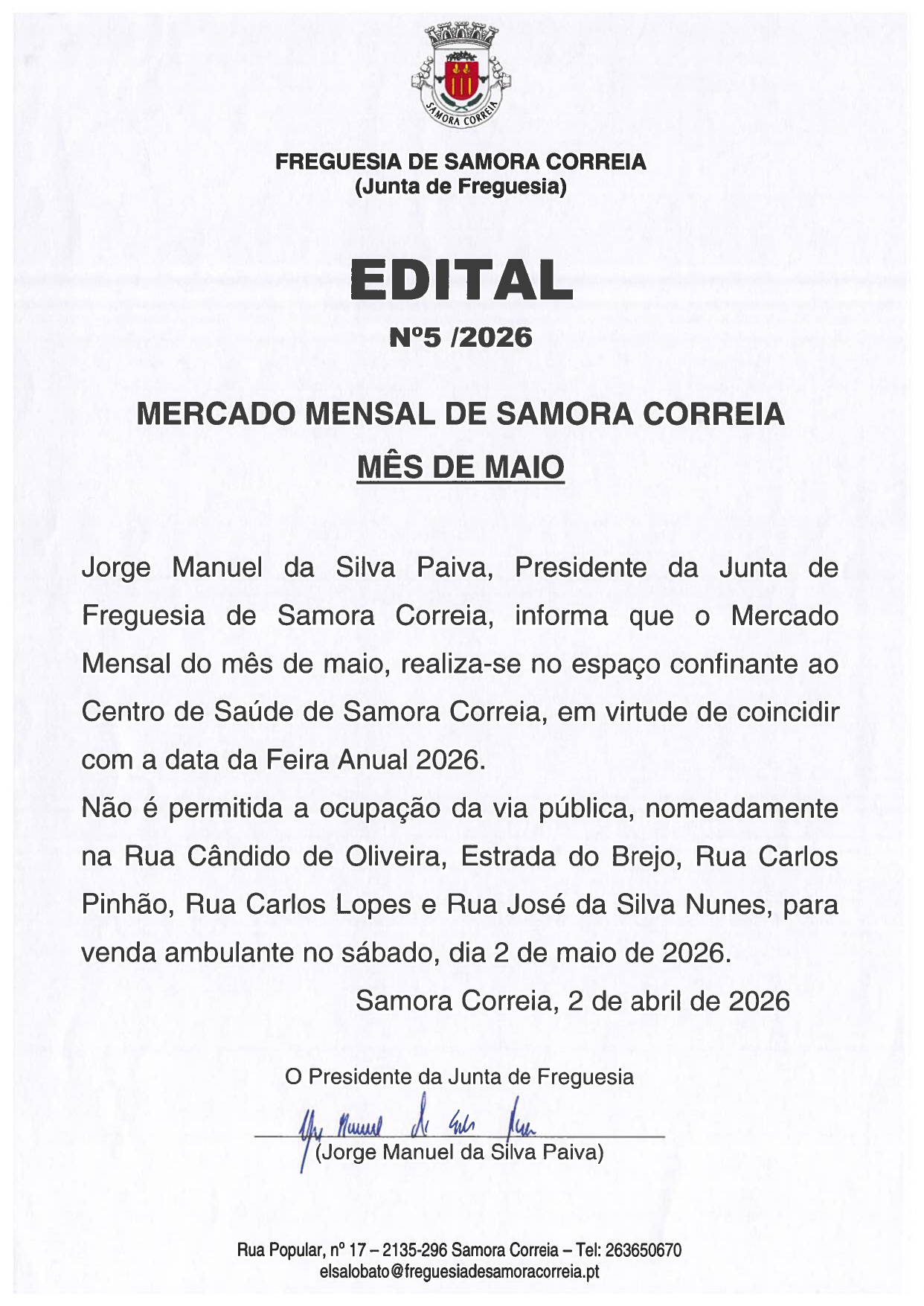 Notícia Edital 05/2026 - Mercado Mensal de Samora Correia