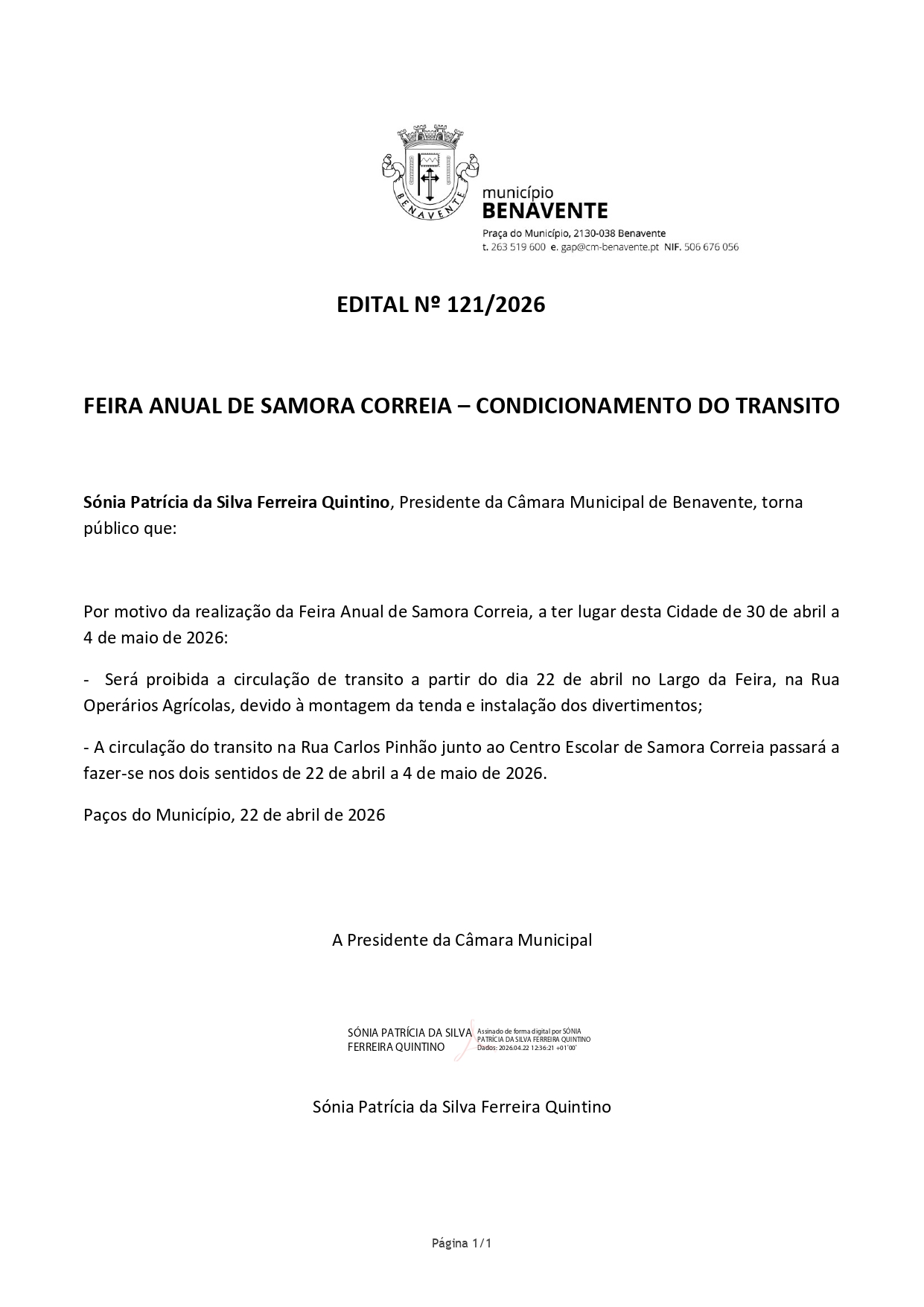 Notícia Edital 121 - CMB - Feira Anual de Samora Correia - Condicionamento do Trânsito