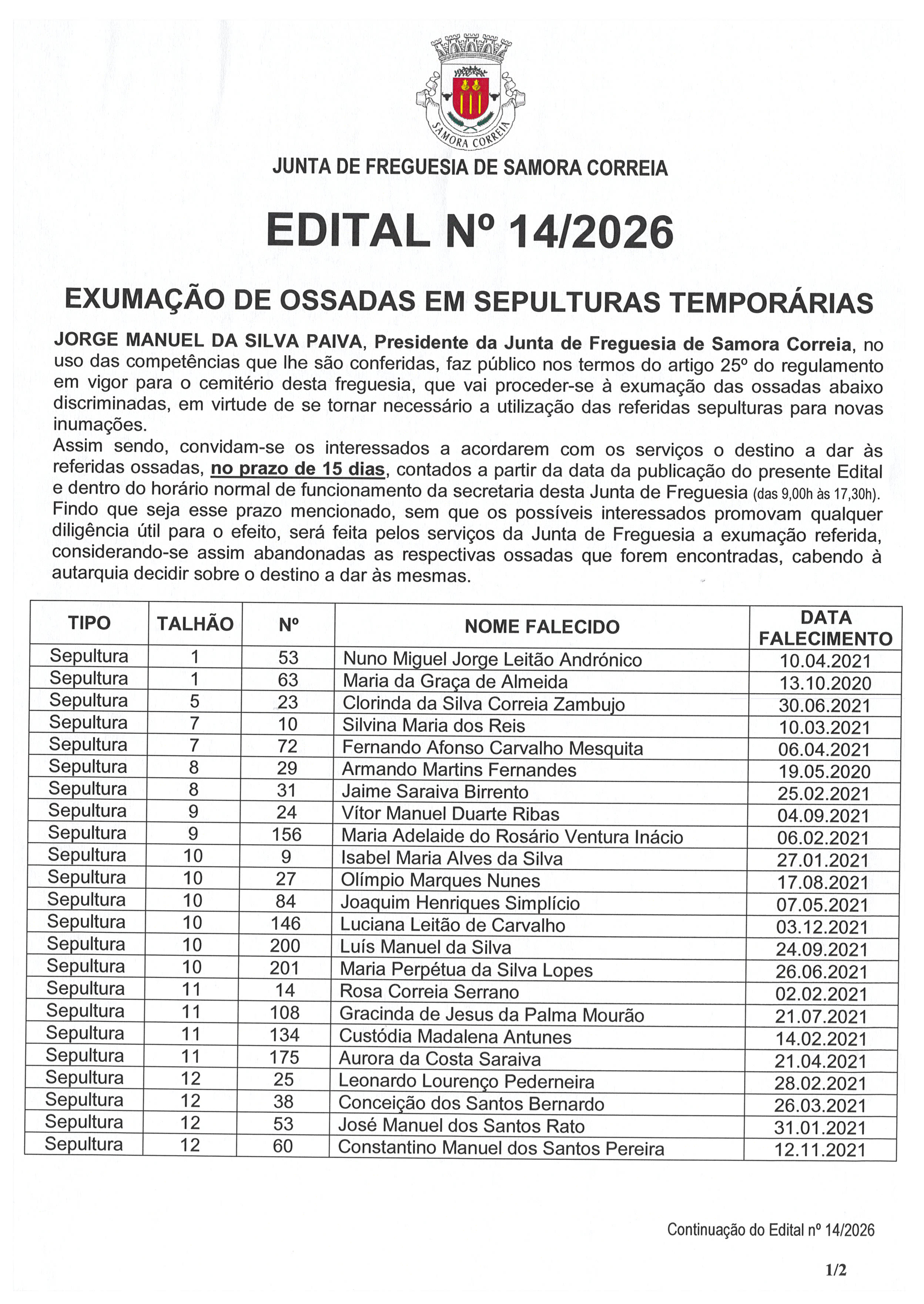 Notícia Edital Nº 14/2026 - Exumação de Ossadas Em Sepulturas Temporárias
