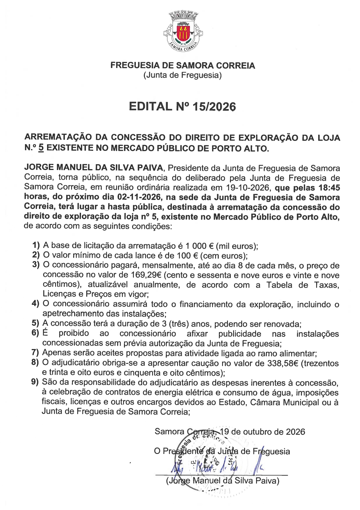Notícia Edital Nº 15/2026 - Arrematação Loja Nº5 no Mercado Público Porto Alto