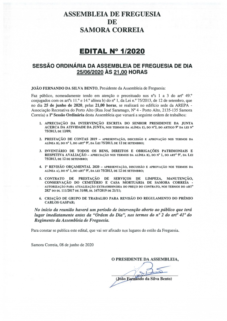 Imagem Assembleia de Freguesia de Samora Correia - Edital 01/2020