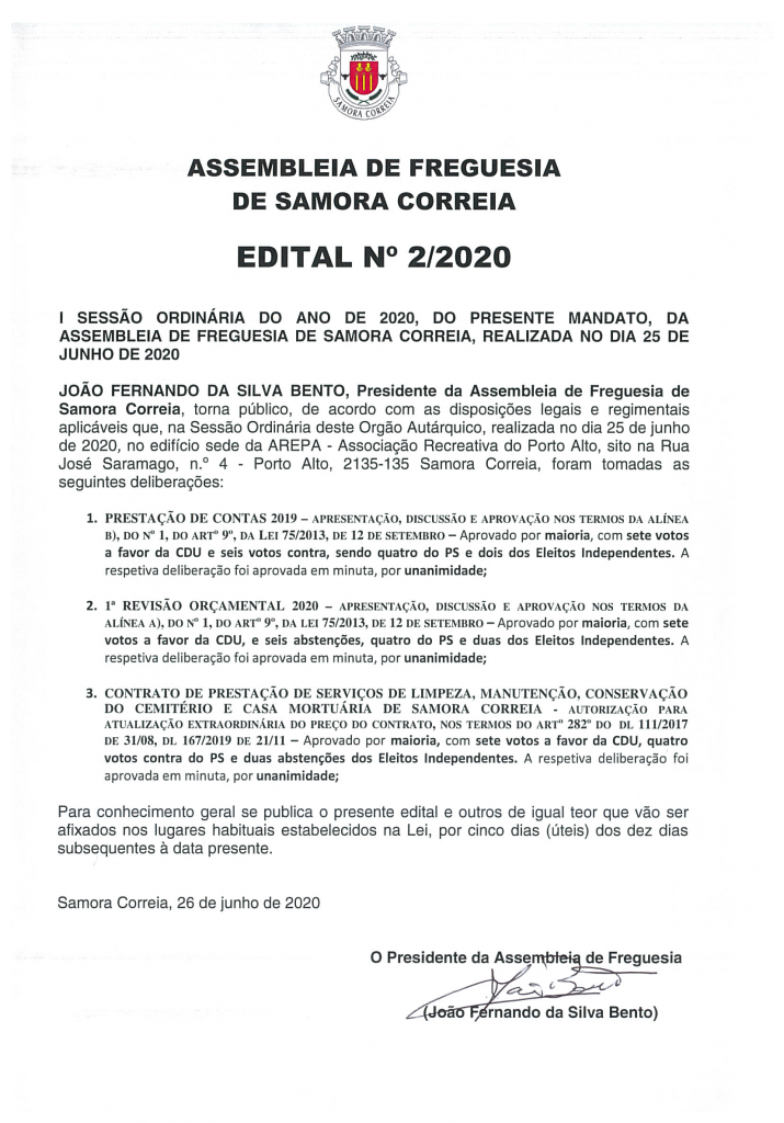 Imagem Assembleia de Freguesia de Samora Correia - Edital 02/2020