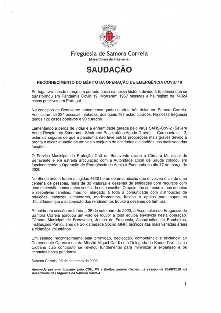 Imagem Saudação - Reconhecimento do Mérito da Operação de Emergência Covid 19