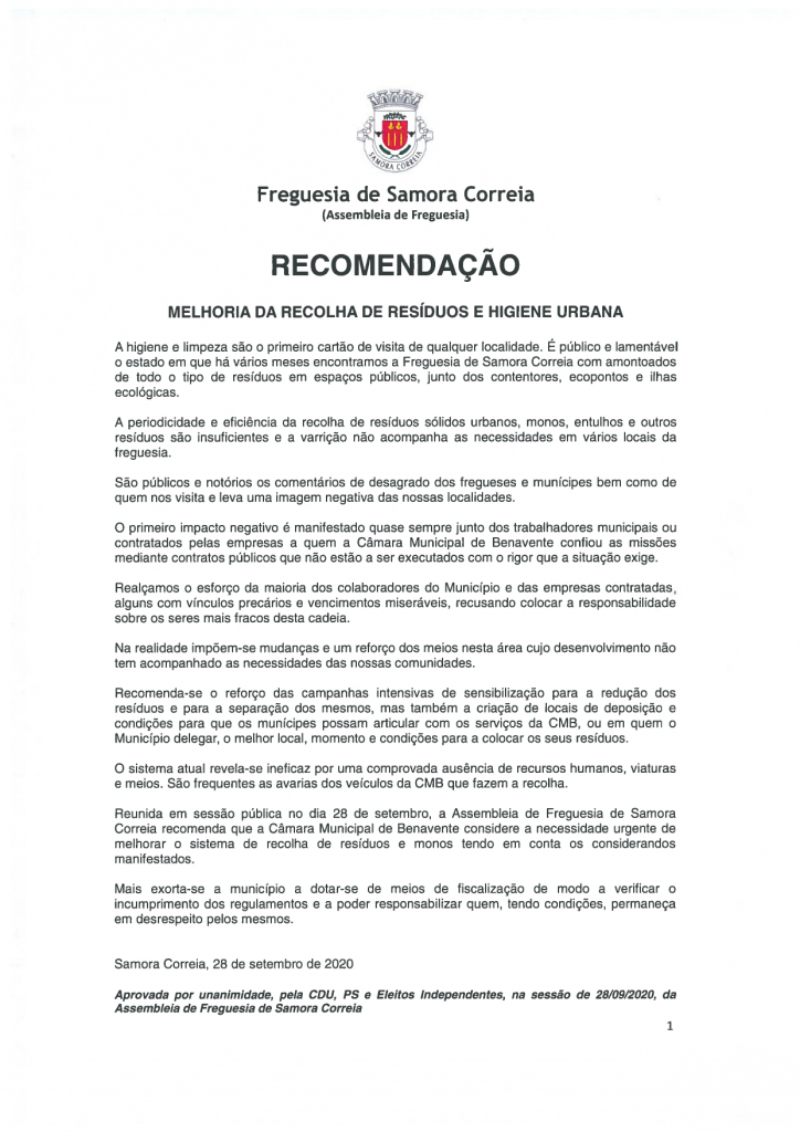 Imagem Recomendação - Melhoria da Recolha de Resíduos e Higiene Urbana