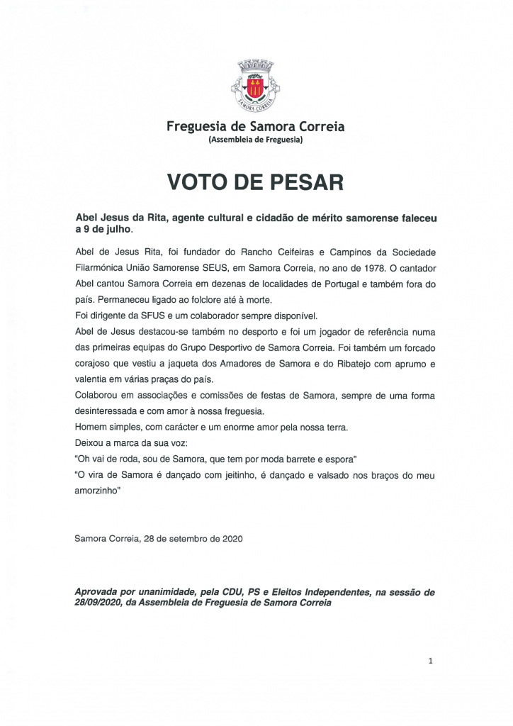 Imagem Voto de Pesar - Abel Jesus da Rita, Agente Cultural e Cidadão de Mérito Samorense