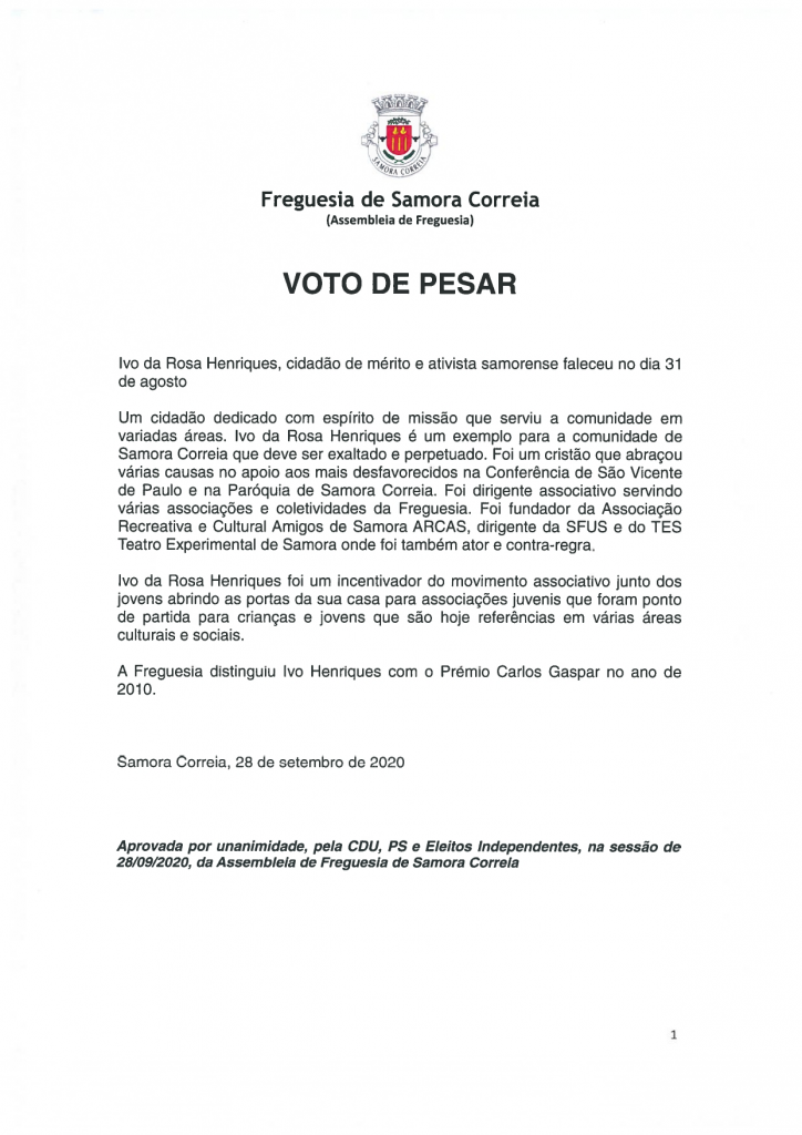 Imagem Voto de Pesar - Ivo da Rosa Henriques, Cidadão de Mérito e Ativista Samorense