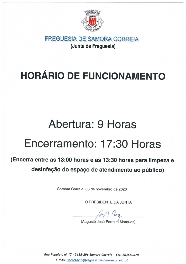 Imagem Novo Horário Secretaria Junta Freguesia Samora Correia