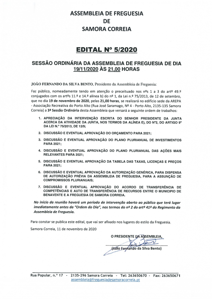 Imagem Edital Nº 05/2020 - Assembleia de Freguesia