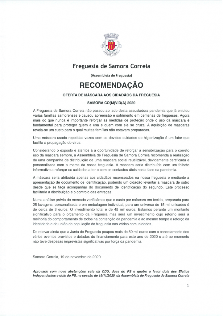 Imagem Recomendação - Oferta de Máscara aos Cidadãos da Freguesia Samora Co(m) Vid(a) 2020