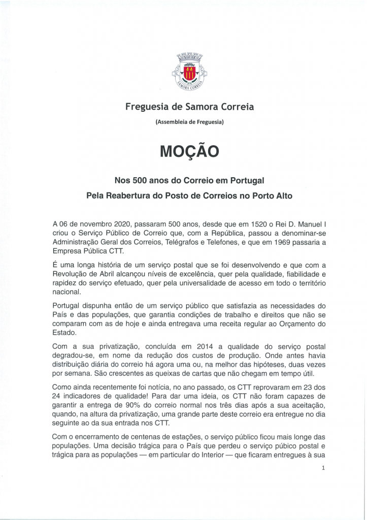 Imagem Moção - Nos 500 anos do Correio de Portugal Pela Reabertura do Posto de Correios no Porto Alto