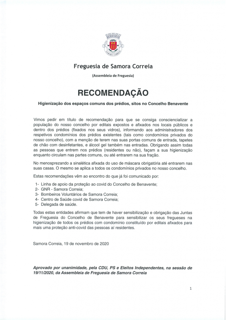 Imagem Recomendação - Higienização dos espaços comuns dos prédios, sitos no Concelho Benavente