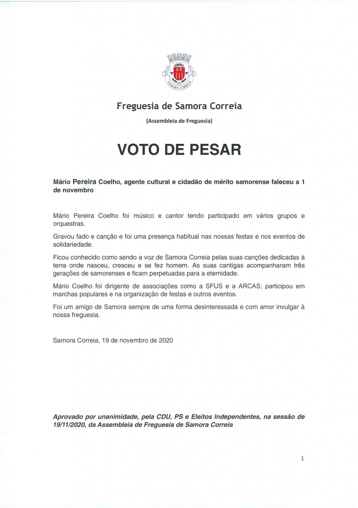 Imagem Voto de Pesar - Mário Pereira Coelho, agente cultural e cidadão de mérito samorense