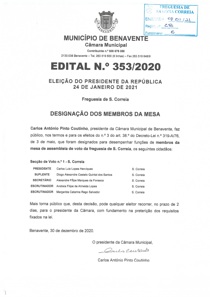 Imagem Edital N.º 353/2020 - CMB - Designação dos membros da mesa