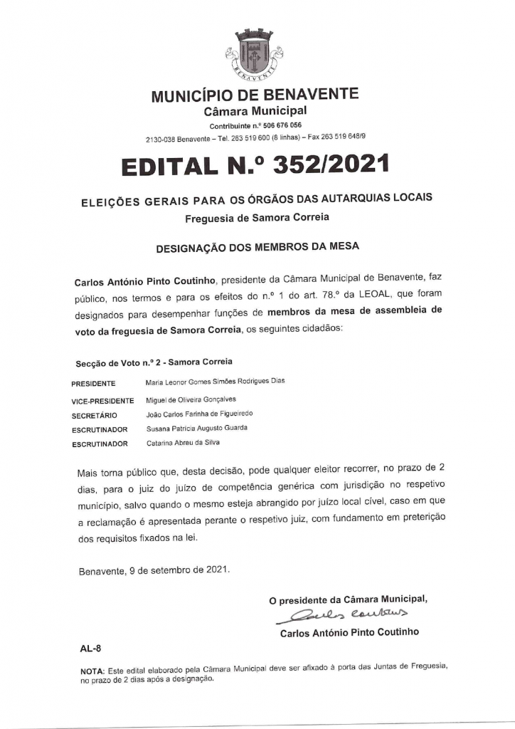 Imagem Edital N.º 352/2021 - CMB - Eleições Gerais Para os Órgãos das Autarquias Locais (Designação dos Membros da Mesa) 