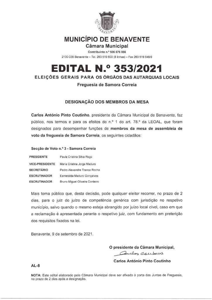 Imagem Edital N.º 353/2021 - CMB - Eleições Gerais Para os Órgãos das Autarquias Locais (Designação dos Membros da Mesa) 