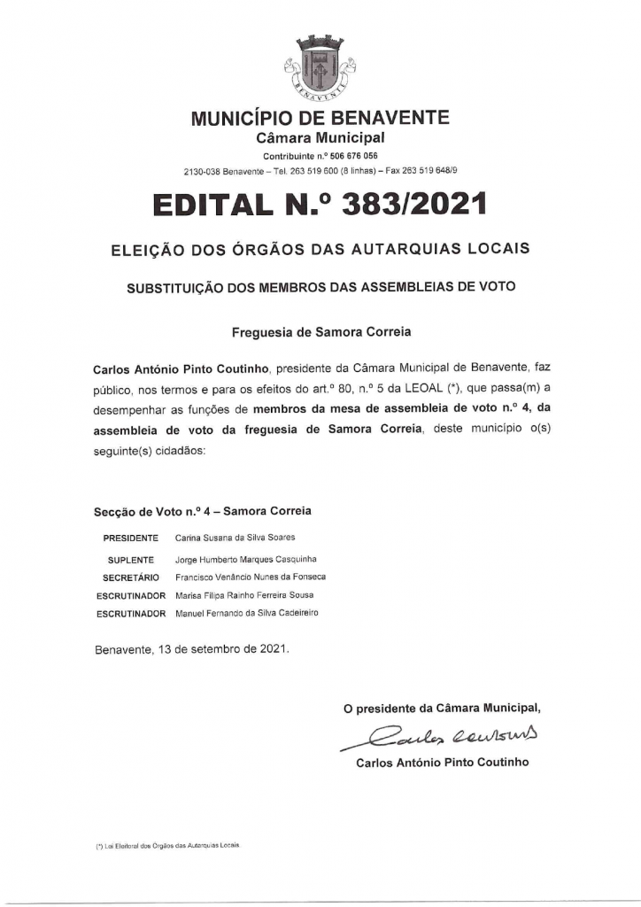 Imagem Edital N.º 383/2021 - CMB - Eleições Gerais Para os Órgãos das Autarquias Locais (Designação dos Membros da Mesa)