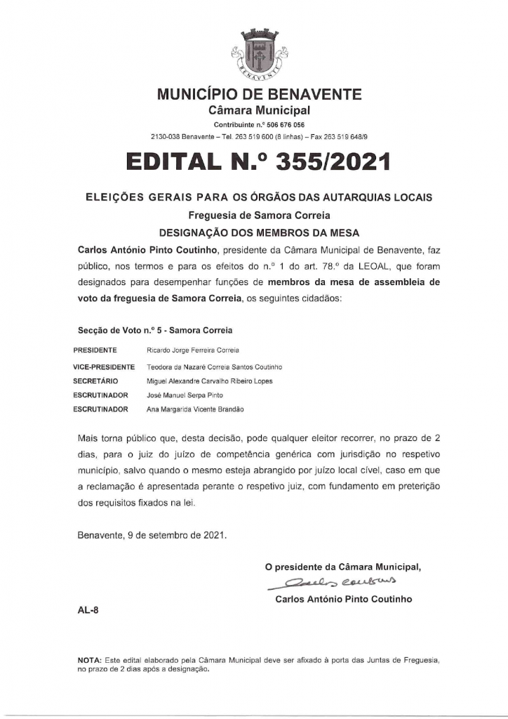 Imagem Edital N.º 355/2021 - CMB - Eleições Gerais Para os Órgãos das Autarquias Locais (Designação dos Membros da Mesa)