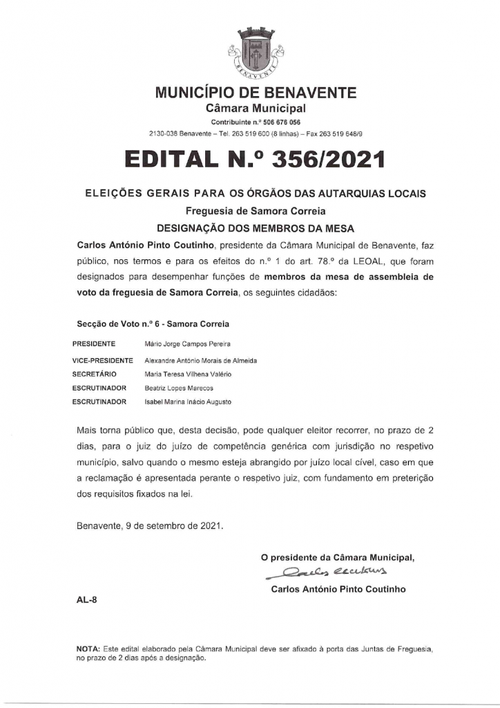Imagem Edital N.º 356/2021 - CMB - Eleições Gerais Para os Órgãos das Autarquias Locais (Designação dos Membros da Mesa)