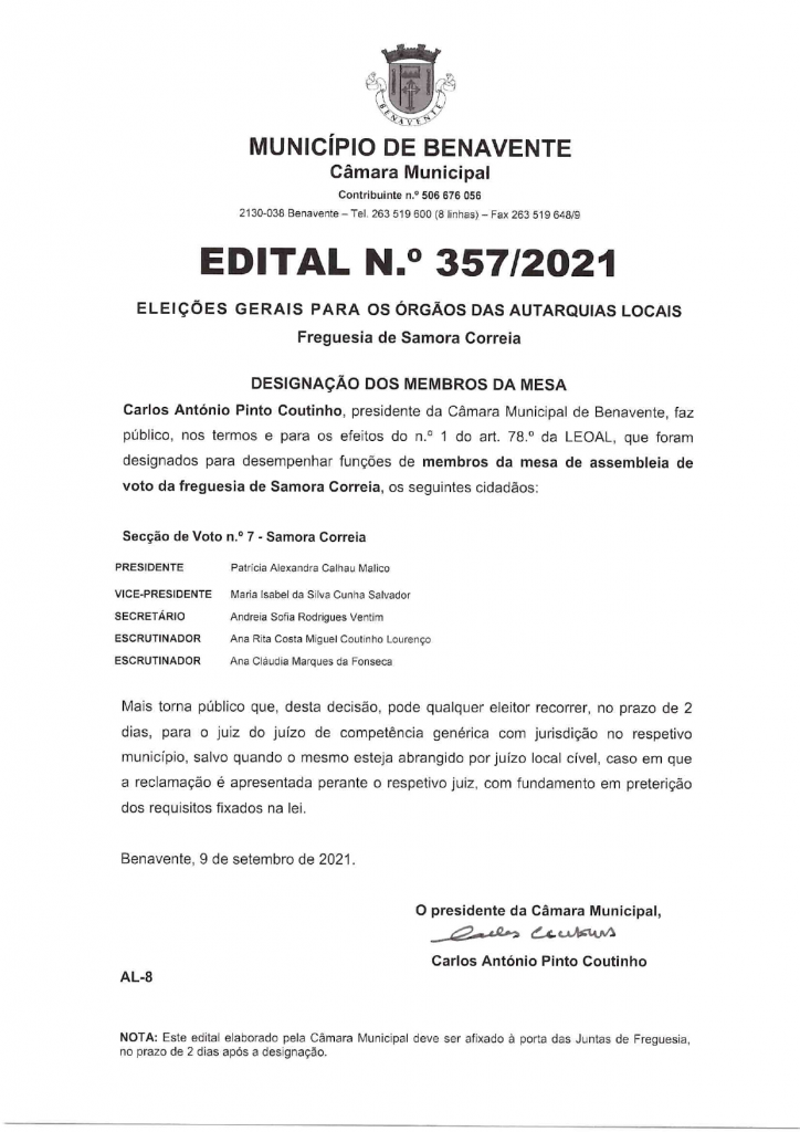 Imagem Edital N.º 357/2021 - CMB - Eleições Gerais Para os Órgãos das Autarquias Locais (Designação dos Membros da Mesa)