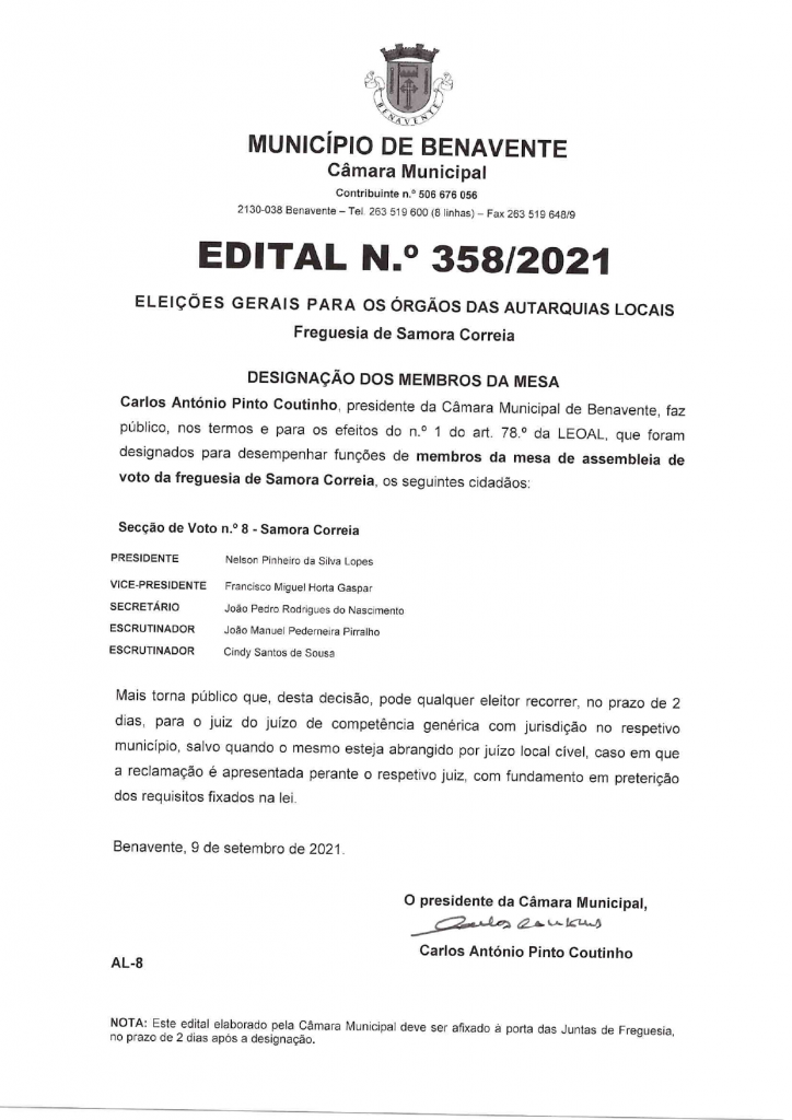 Imagem Edital N.º 358/2021 - CMB - Eleições Gerais Para os Órgãos das Autarquias Locais (Designação dos Membros da Mesa)