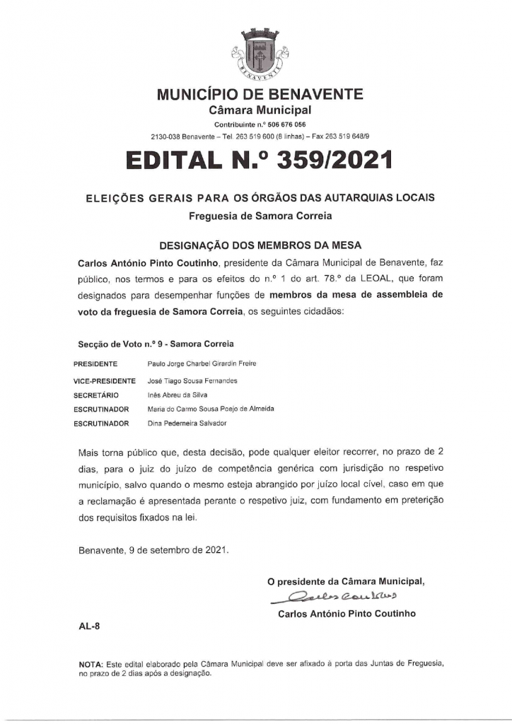 Imagem Edital N.º 359/2021 - CMB - Eleições Gerais Para os Órgãos das Autarquias Locais (Designação dos Membros da Mesa)