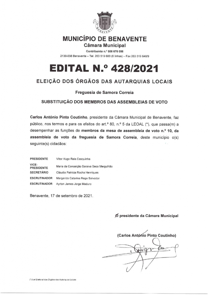 Imagem Edital N.º 428/2021 - CMB - Eleições Gerais Para os Órgãos das Autarquias Locais (Designação dos Membros da Mesa)