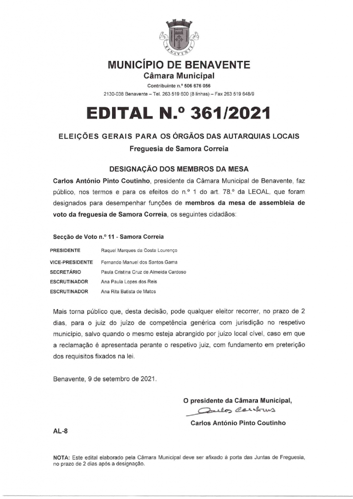 Imagem Edital N.º 361/2021 - CMB - Eleições Gerais Para os Órgãos das Autarquias Locais (Designação dos Membros da Mesa)