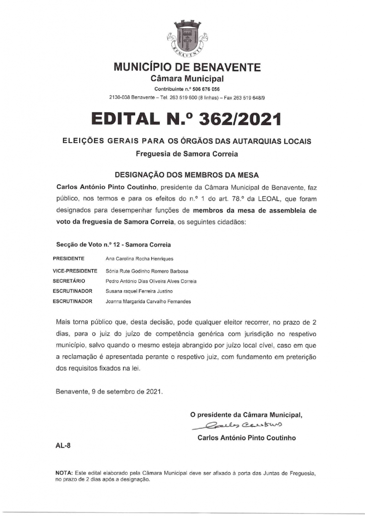 Imagem Edital N.º 362/2021 - CMB - Eleições Gerais Para os Órgãos das Autarquias Locais (Designação dos Membros da Mesa)