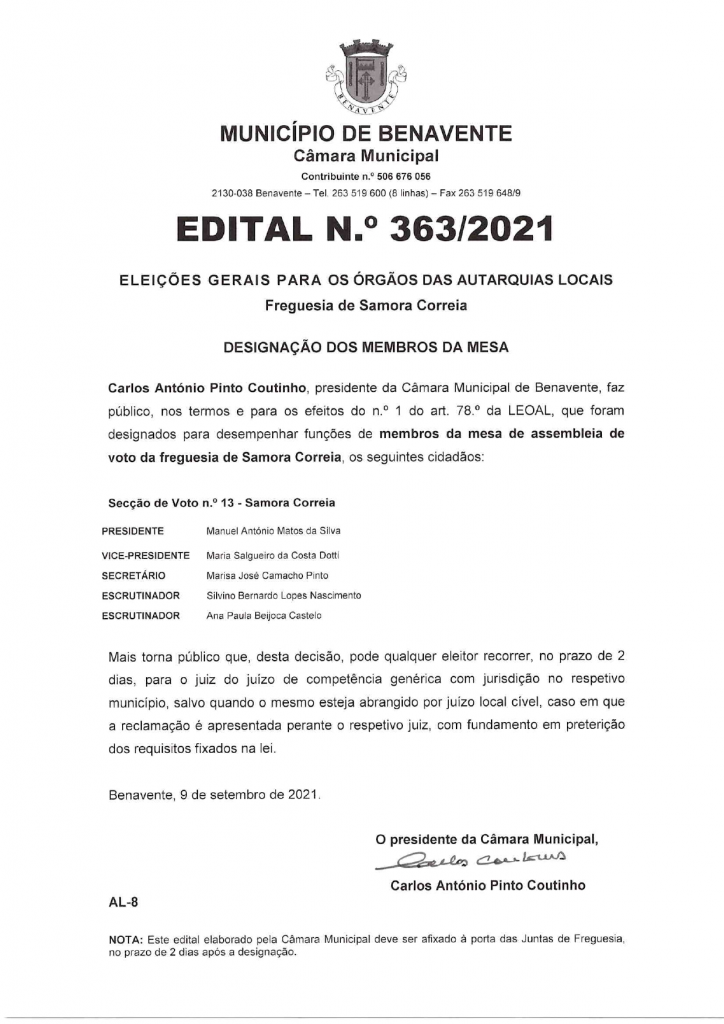 Imagem Edital N.º 363/2021 - CMB - Eleições Gerais Para os Órgãos das Autarquias Locais (Designação dos Membros da Mesa)
