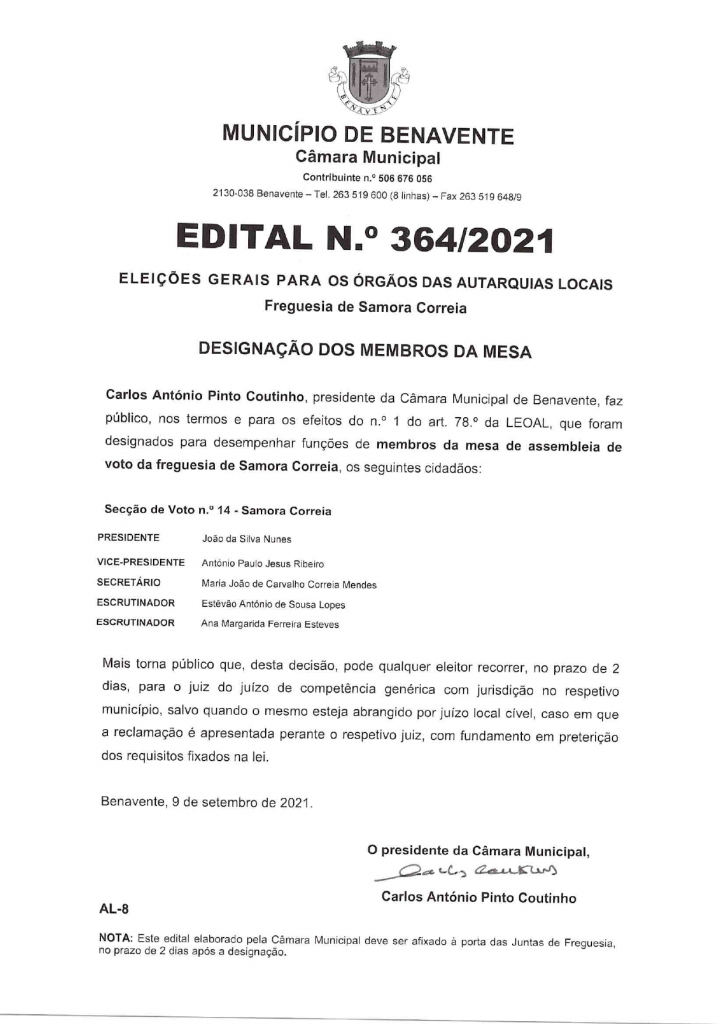 Imagem Edital N.º 364/2021 - CMB - Eleições Gerais Para os Órgãos das Autarquias Locais (Designação dos Membros da Mesa)