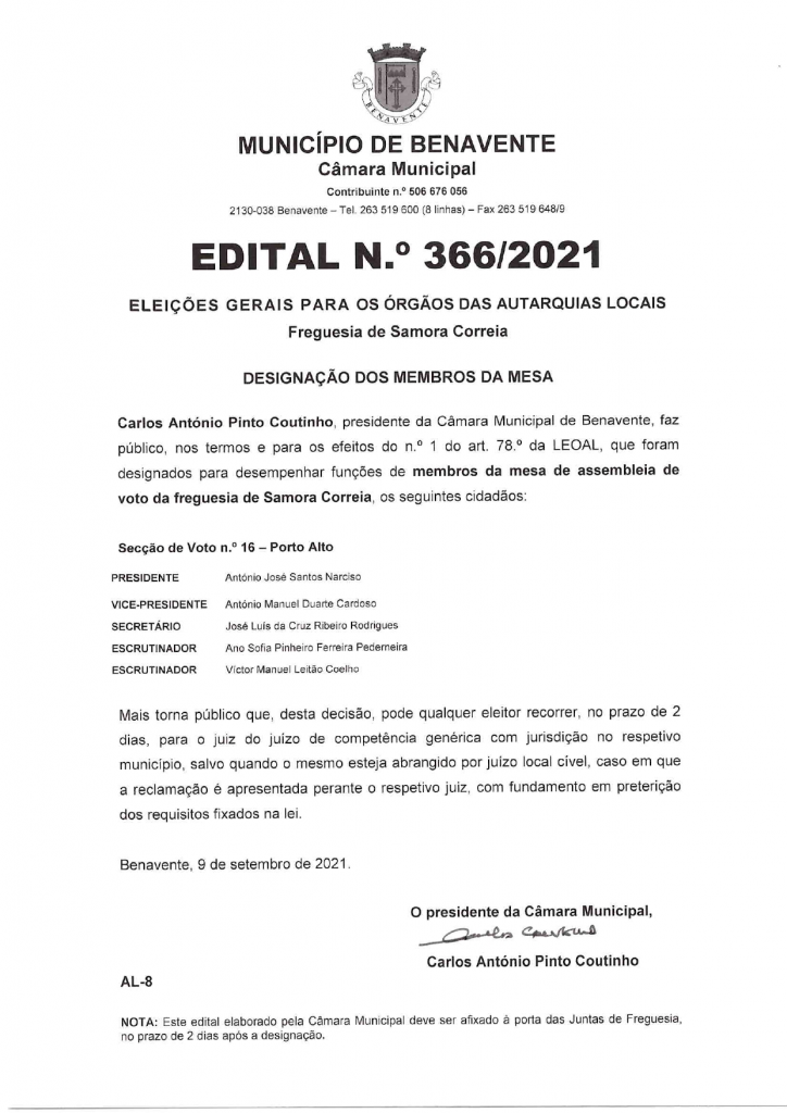 Imagem Edital N.º 366/2021 - CMB - Eleições Gerais Para os Órgãos das Autarquias Locais (Designação dos Membros da Mesa)