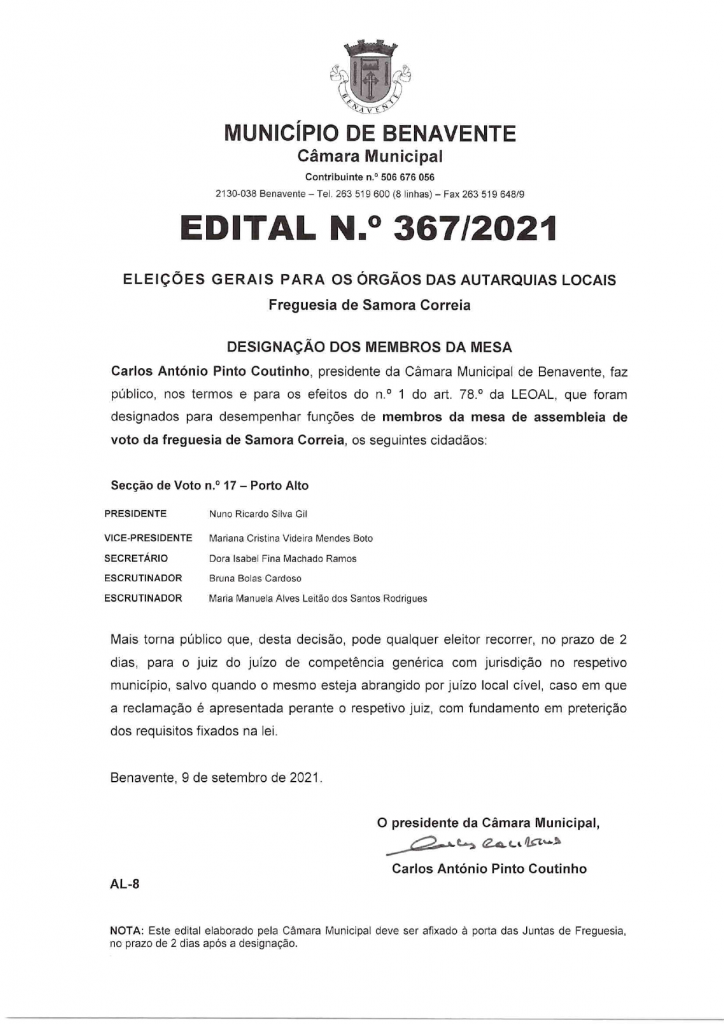 Imagem Edital N.º 367/2021 - CMB - Eleições Gerais Para os Órgãos das Autarquias Locais (Designação dos Membros da Mesa)