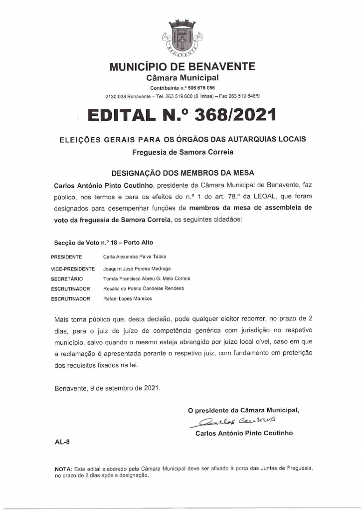 Imagem Edital N.º 368/2021 - CMB - Eleições Gerais Para os Órgãos das Autarquias Locais (Designação dos Membros da Mesa)