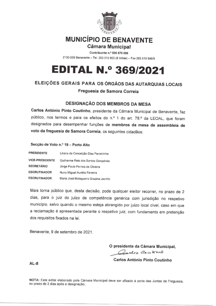 Imagem Edital N.º 369/2021 - CMB - Eleições Gerais Para os Órgãos das Autarquias Locais (Designação dos Membros da Mesa)