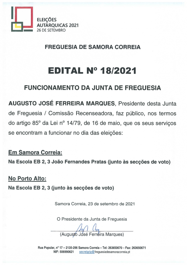 Imagem Edital Nº 18/2021 - Funcionamento da Junta de Freguesia